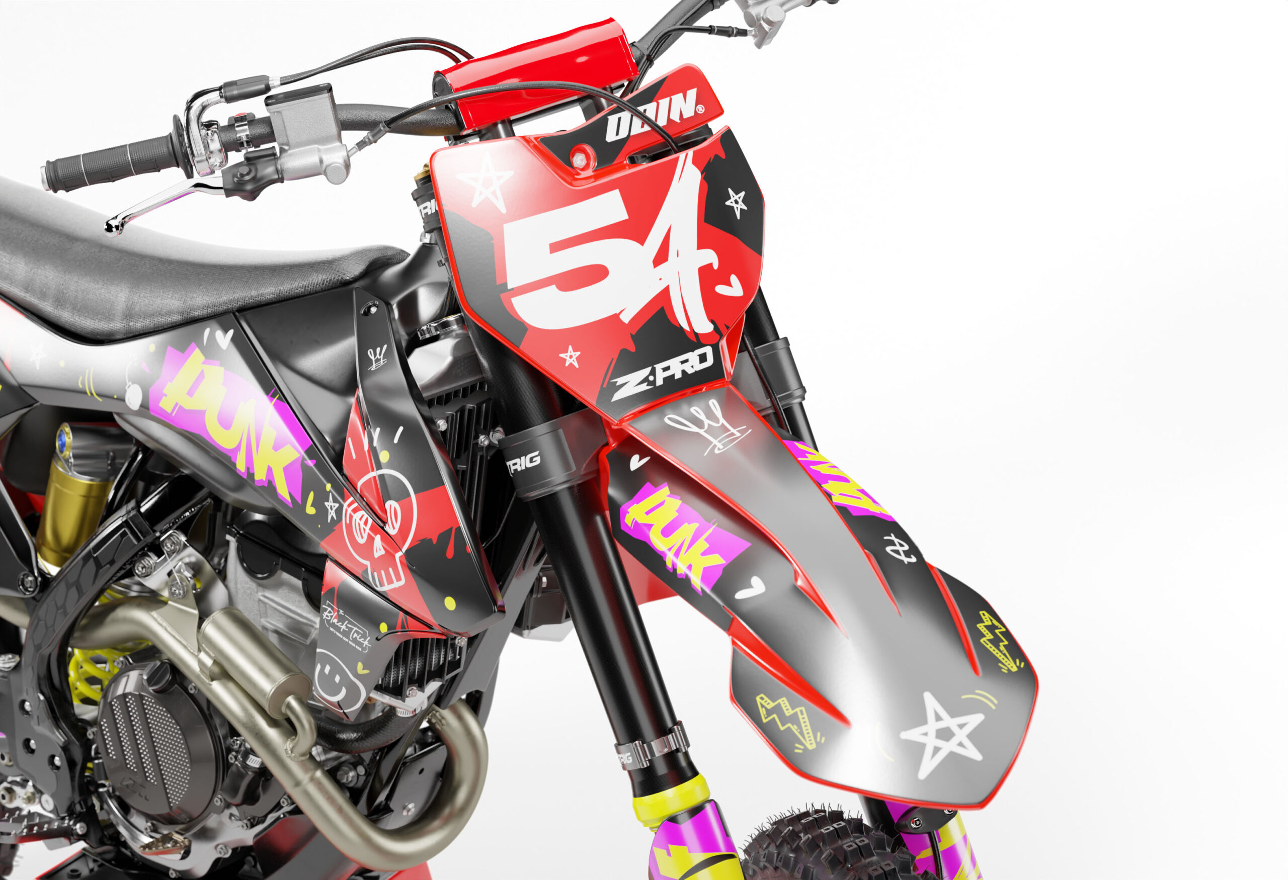 Punk is a Full Custom Bike Graphics kit that is available on the Koarse website which can be modified to fit all bike make and model. Image of Front Mudguard