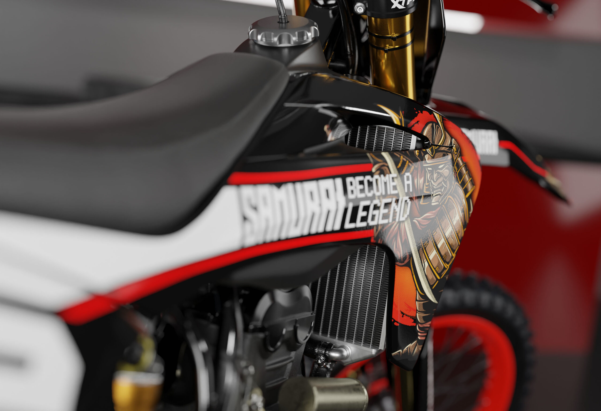 Samurai Gasgas Samurai Gasgas is a Full Custom Bike Graphics kit that is available on the Koarse website which can be modified to fit all bike make and model. Promo Image.