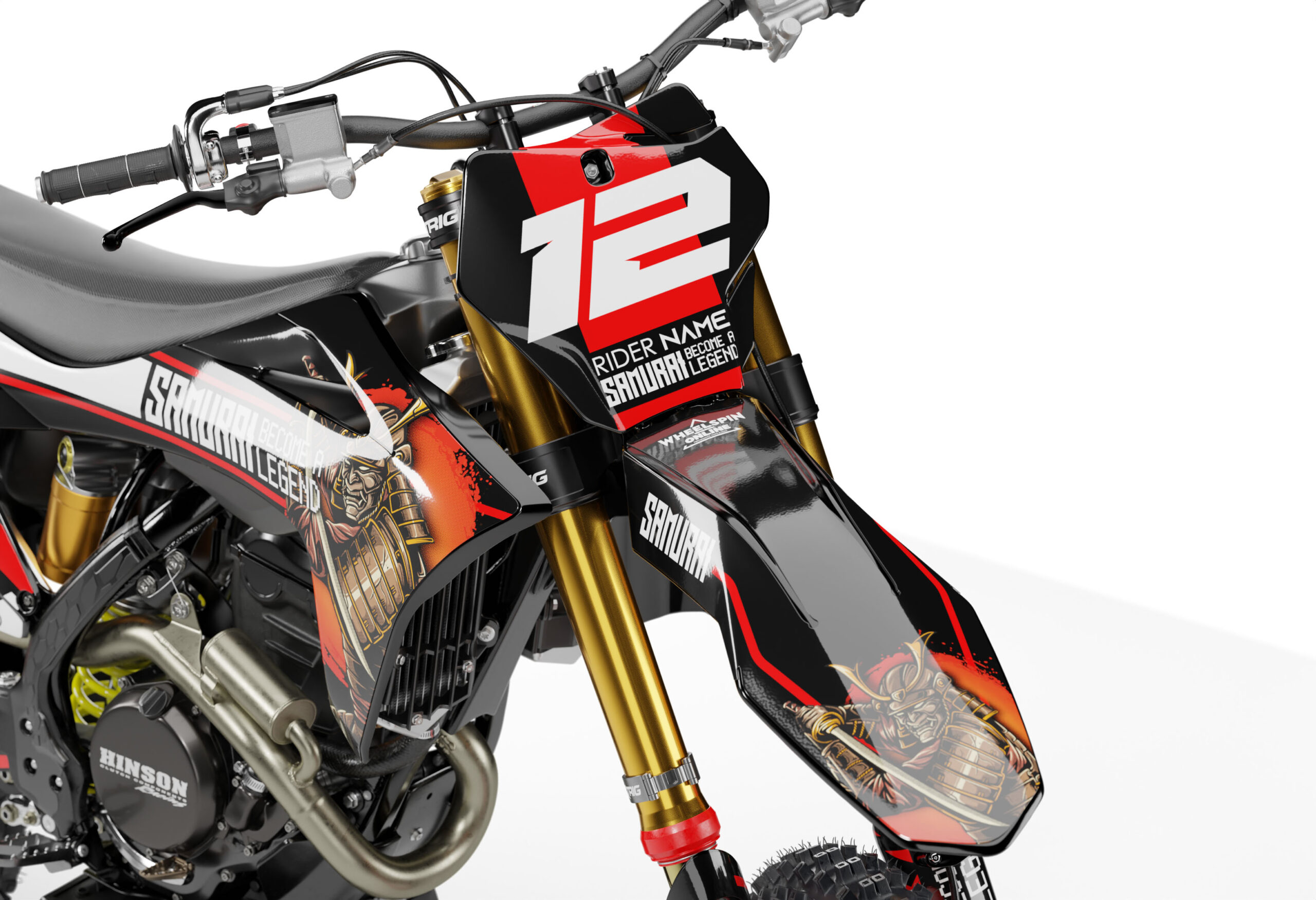 Samurai Gasgas Samurai Gasgas is a Full Custom Bike Graphics kit that is available on the Koarse website which can be modified to fit all bike make and model. Image of Front Mudguard