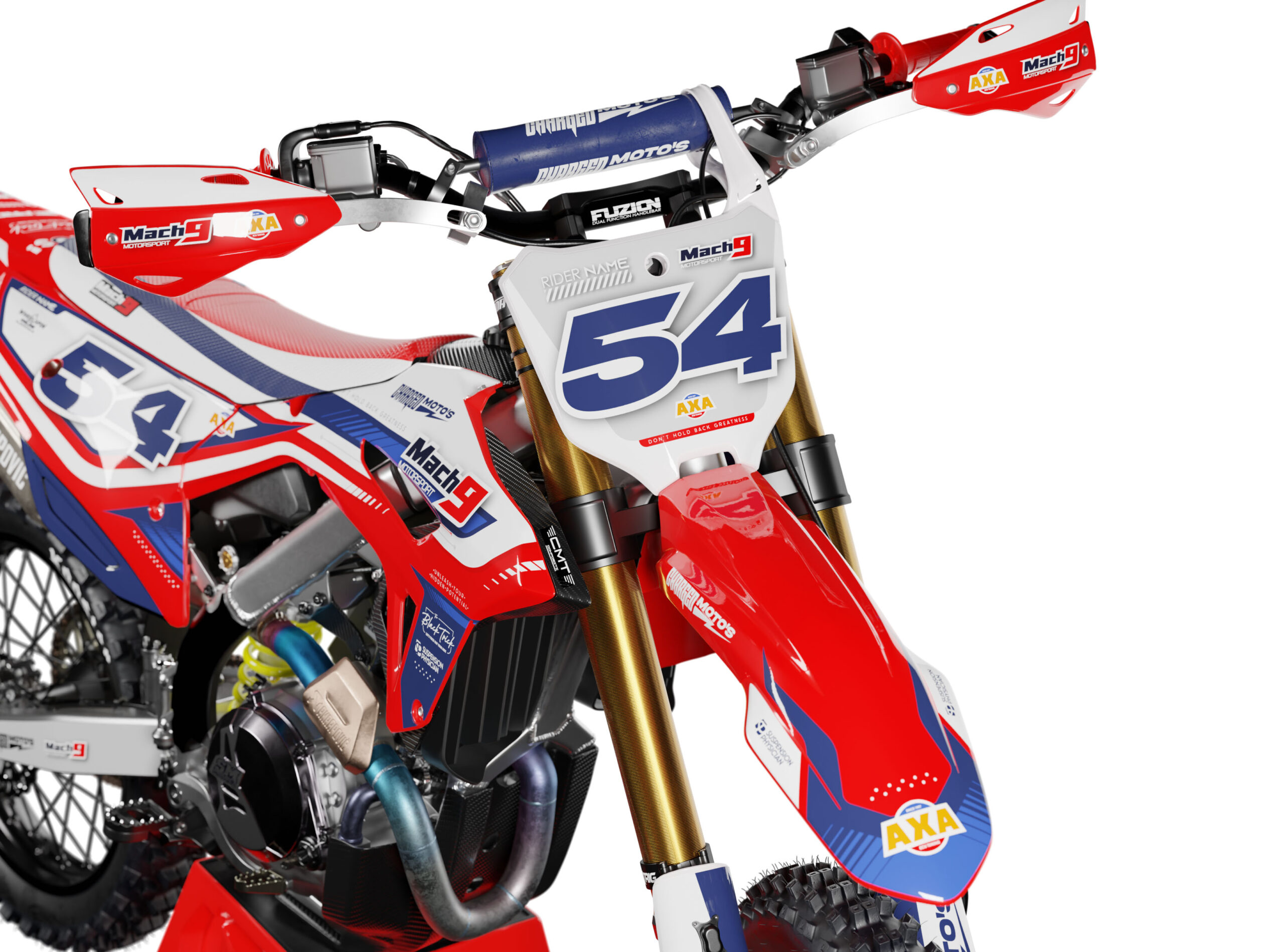 honda charged render 2 Charged Honda is a Full Custom Bike Graphics kit that is available on the Koarse website which can be modified to fit all bike make and model. Image of Front Mudguard